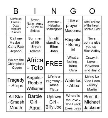 Musical Bingo Card