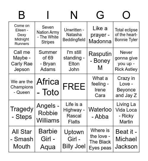 Musical Bingo Card