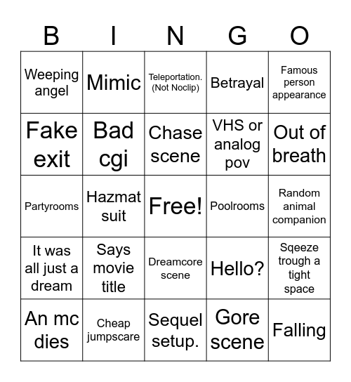 Backrooms movie Bingo Card