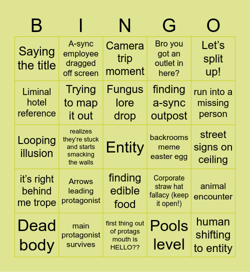 Backrooms Bingo Card