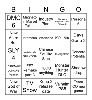 State of Play Bingo Card