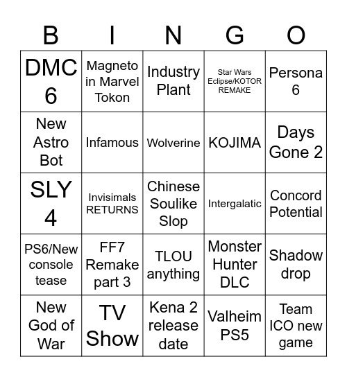 State of Play Bingo Card