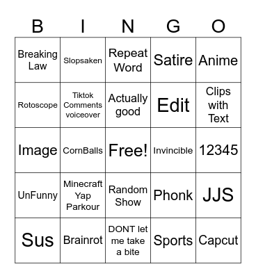 YT Shorts Bingo Card