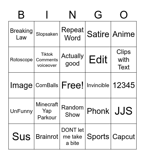 YT Shorts Bingo Card