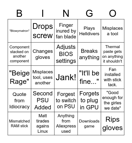 Shades Bingo Card