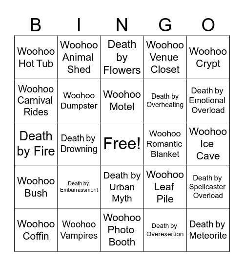 Sims 4 Woohoo and Deaths Bingo Card