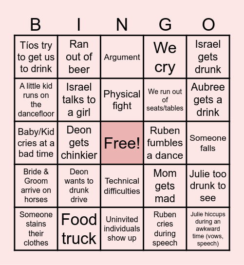 Ruben's Wedding Bingo Card