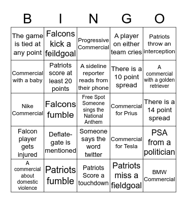 Superbowl Bingo Card