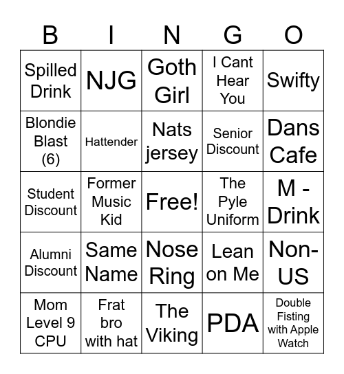 Bar Bingo Card