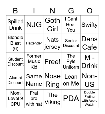 Bar Bingo Card