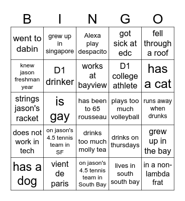 Drink Olympics Bingo Card
