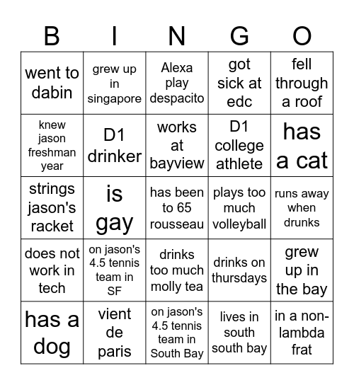 Drink Olympics Bingo Card
