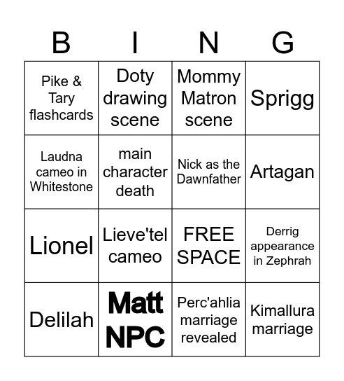 Vox Machina season 4 Bingo Card