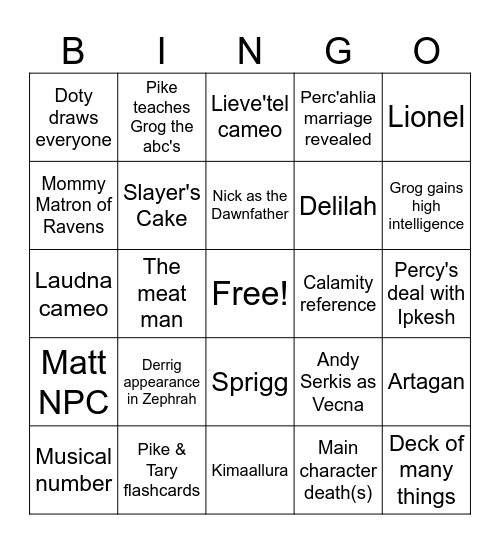Vox Machina season 4 Bingo Card