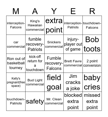 Super Bowl Bingo Card