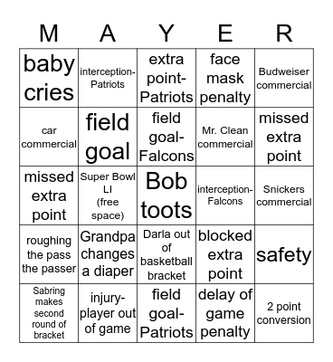 Super Bowl Bingo Card