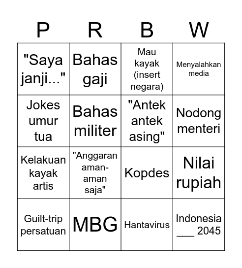 Pidato Prabowo Pancasila Bingo Card