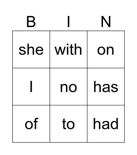 Heart Word Bingo - Level 1 Bingo Card