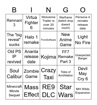 Not E3 2026 Bingo Card
