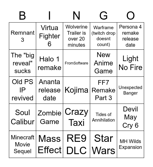 Not E3 2026 Bingo Card