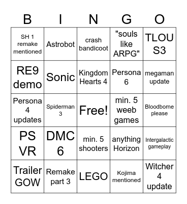 State of Play 2026 Bingo Card