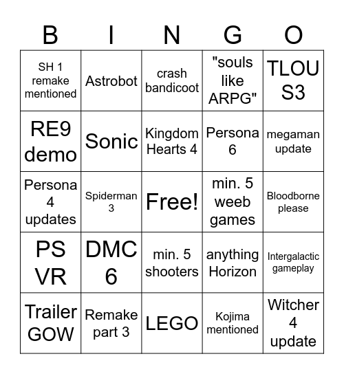 State of Play 2026 Bingo Card