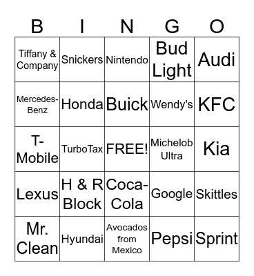 Super Bowl LI - Commercials Bingo Card