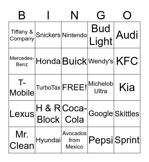 Super Bowl LI - Commercials Bingo Card