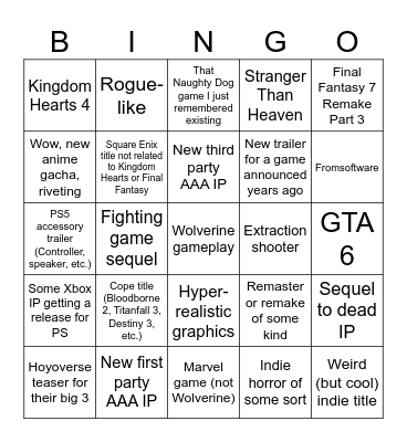 State of Play Bingo Card