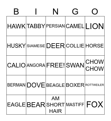 ANIMAL Bingo Card