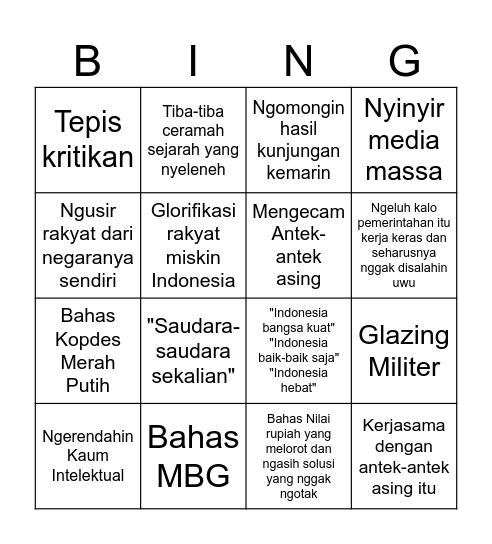 AWAS PRABOWO AKAN BERPIDATO Bingo Card