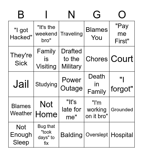 Dev Excuses Bingo Card