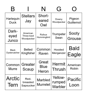 Juneau Bird Photography Bingo Card