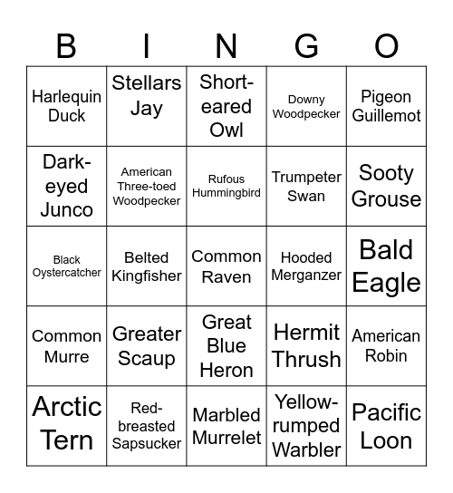 Juneau Bird Photography Bingo Card