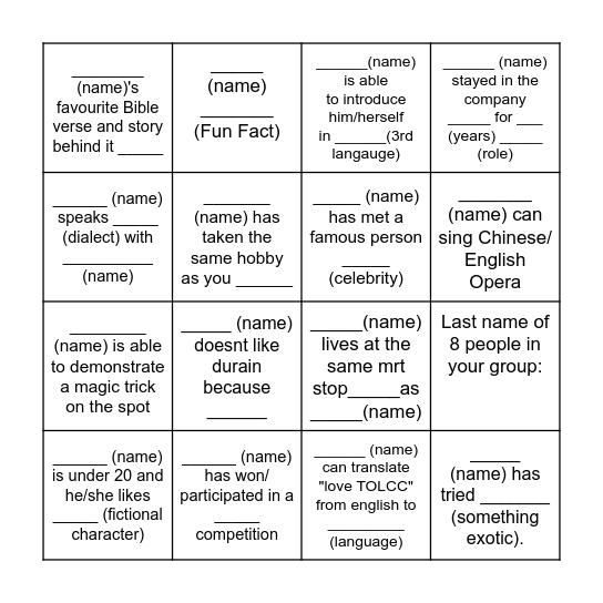 Church Camp Bingo Card