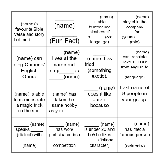 Church Camp Bingo Card