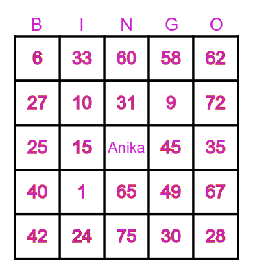 Anika Rase Scorpion Bingo Card