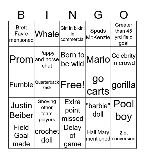 Super Bowl 51 Bingo Card