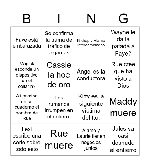EUPHORIA S3 E8 Bingo Card
