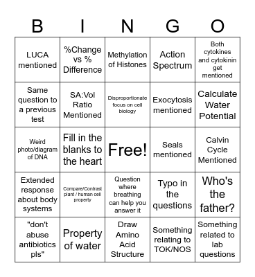 Bio Exam Bingo Card