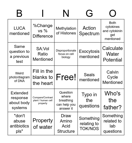 Bio Exam Bingo Card