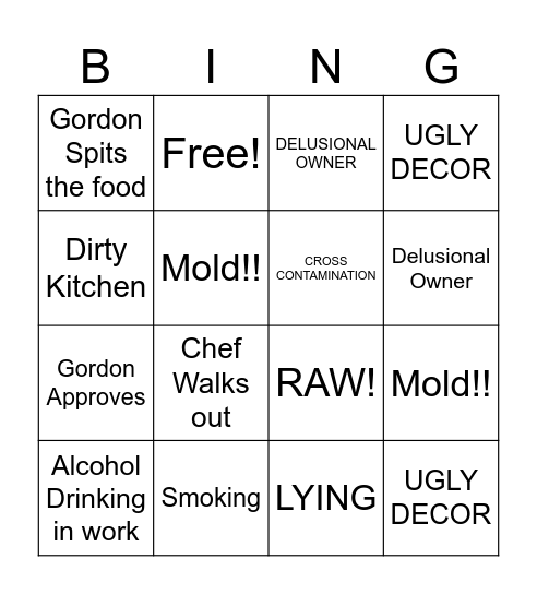 Kitchen Nightmares Bingo Card