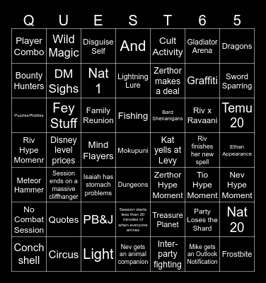 Questicles Session 65 Bingo Card