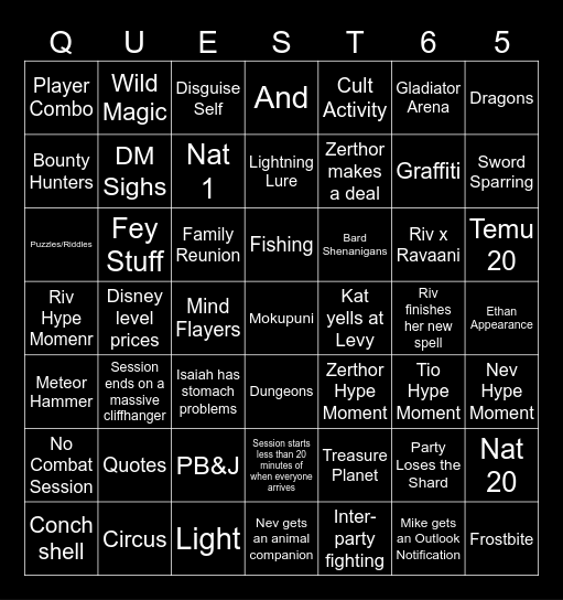 Questicles Session 65 Bingo Card