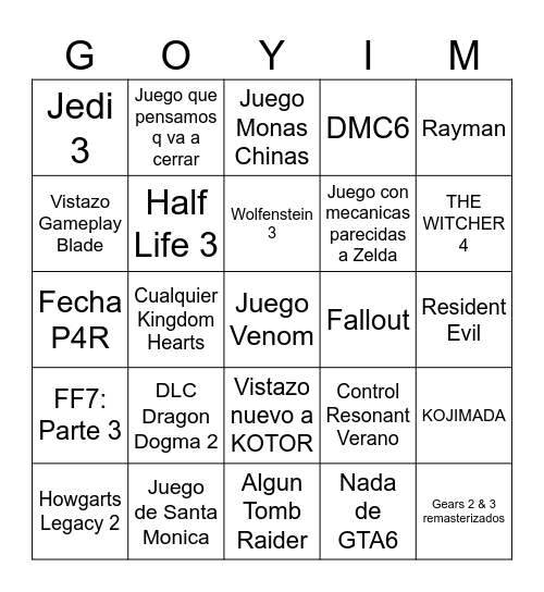 No E3 Bingo Card