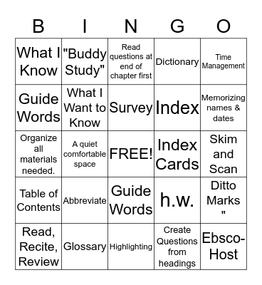 Study Skills Bingo Card