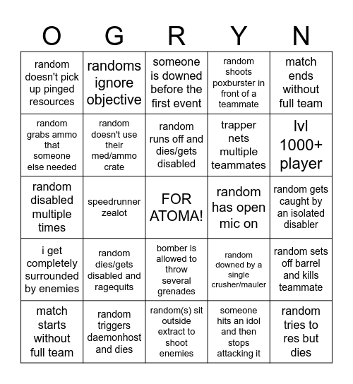 Darktide Public Lobby Bingo Card