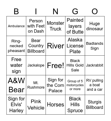 South Dakota BINGO Card