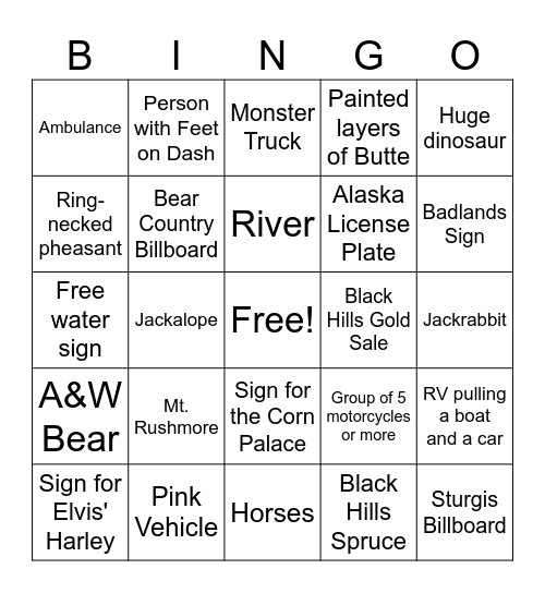 South Dakota BINGO Card