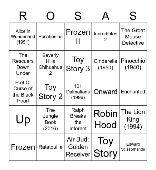 Freeform 30 Days of Disney Watch Bingo Card